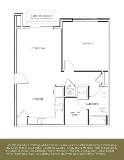 A floor plan of an apartment with a living room, kitchen, bathroom, bedroom and walk-in closet.